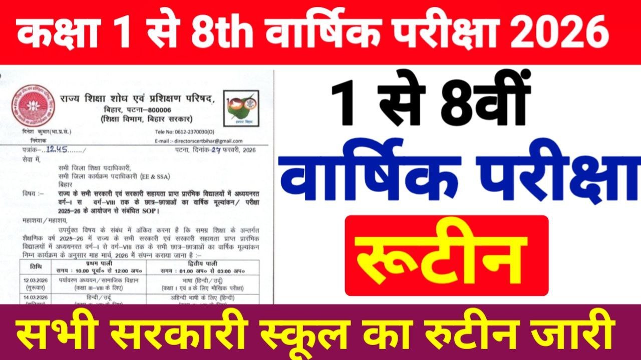 Bihar Board 1 to 8th Annual Exam 2026 routine
